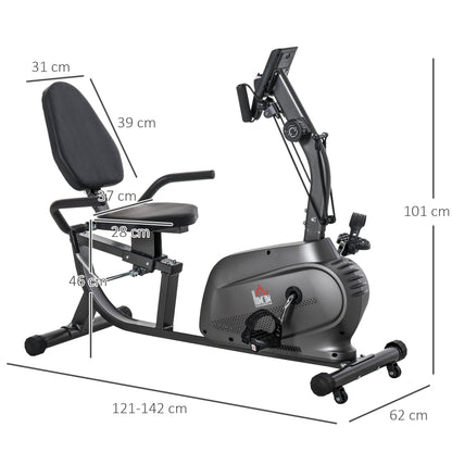 The stationary bike shown from the side with various dimension lines and arrows