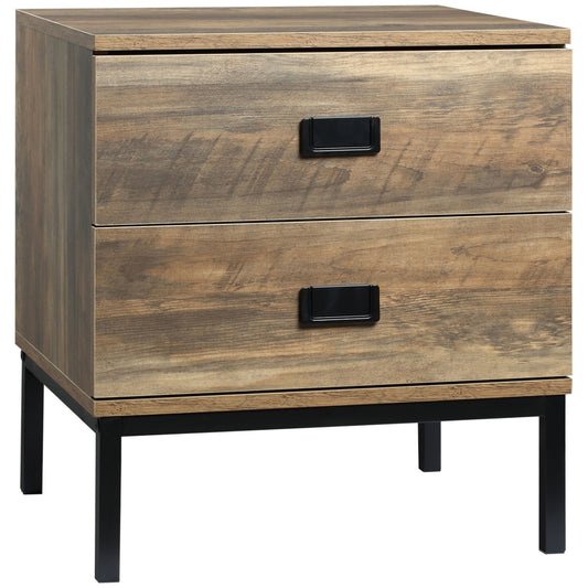 HOMCOM Retro Bedside Table with two drawers and a black metal frame on a plain white background