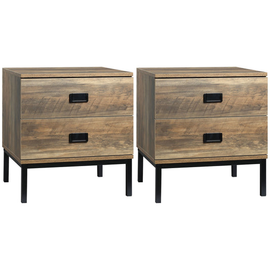 HOMCOM Retro Bedside Table, a pair of wooden bedside tables with black metal legs and two drawers each