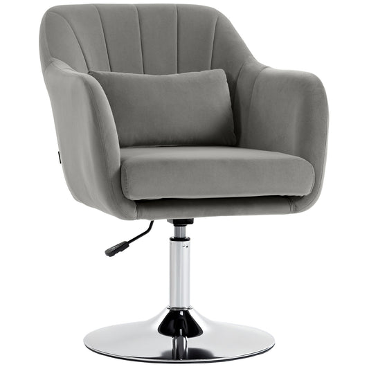 HOMCOM Retro Velvet Swivel Tub Chair with Steel Frame, a grey velvet armchair with a steel base and cushion