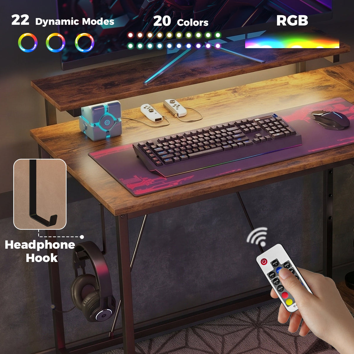 Close up of the RGB LED lighting on the rustic brown gaming desk with remote control