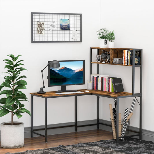 The L shaped desk with a bookshelf unit above the desktop, set up in a home office with a computer and lamp