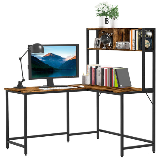 HOMCOM L Shaped Desk with Book Shelf, a brown wooden corner computer desk with a black metal frame and shelves