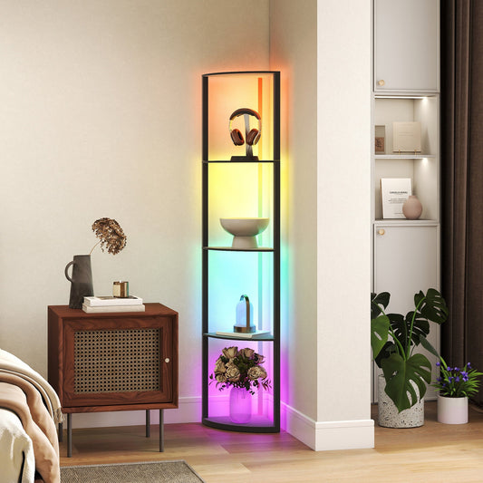 the corner shelving unit lit with colourful RGB lights, standing next to a bedside cabinet and a plant