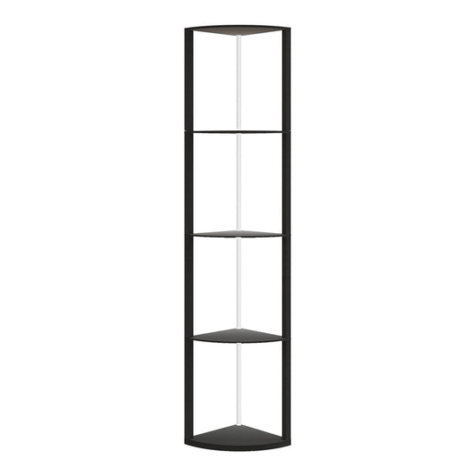 HOMCOM RGB LED Floor Lamp with Shelves, a tall black corner unit with four shelves and a white central pole