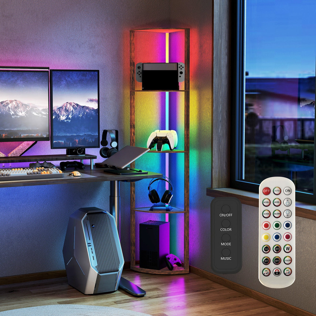 The corner floor lamp is lit with RGB colours in a gaming room setup with computers and controllers