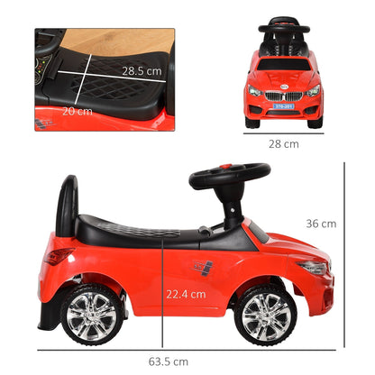 A red ride-on car with dimensions shown for length, width and height
