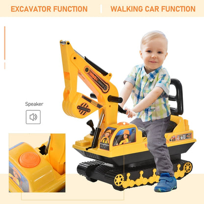 The ride on excavator with a child sitting on it and a close up of the orange button