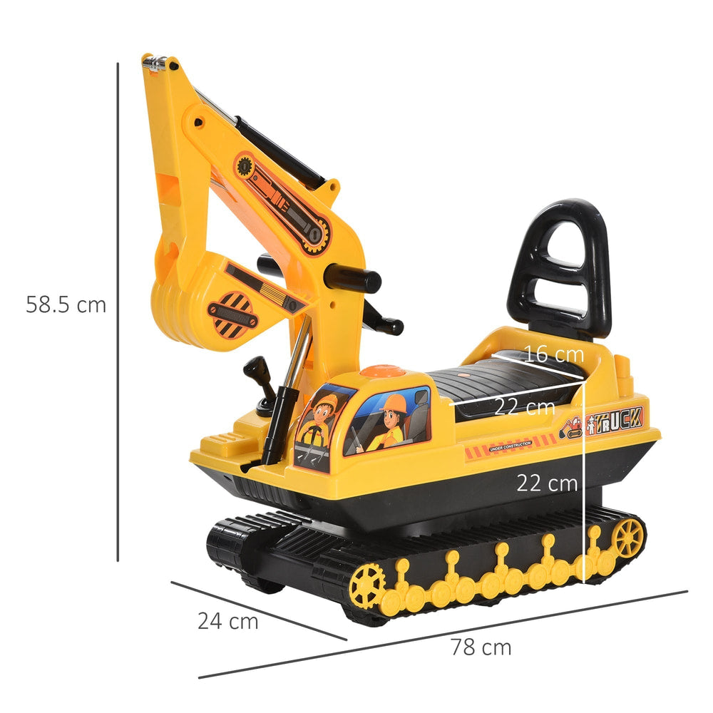 The ride on excavator showing dimensions with arrows and lines on a white background