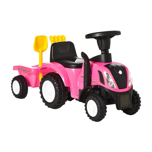 HOMCOM Ride-On Tractor, a pink foot-to-floor slide with a trailer and shovel attachment