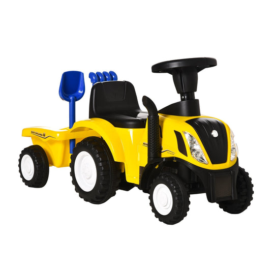 HOMCOM Ride On Tractor Toddler Walker Foot To Floor Slider with horn and storage trailer in yellow