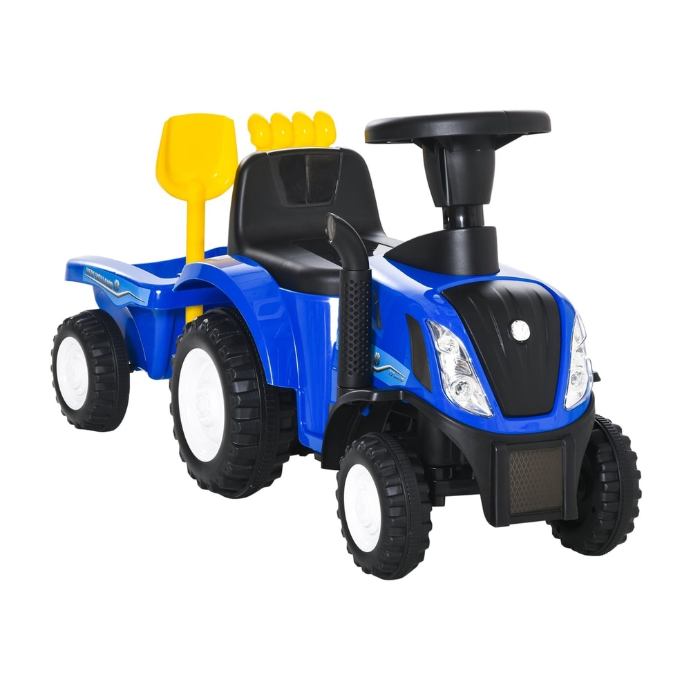 HOMCOM Ride On Tractor Toddler Walker Foot To Floor Slider in blue with a detachable trailer