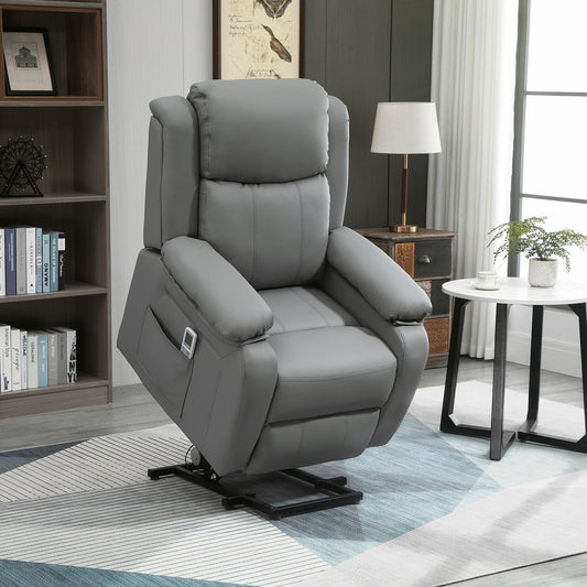 The grey electric reclining armchair is shown in a living room setting next to a side table