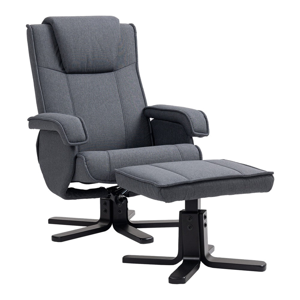 HOMCOM Rocker Swivel Recliner Chair with Footstool in charcoal grey linen on a white background