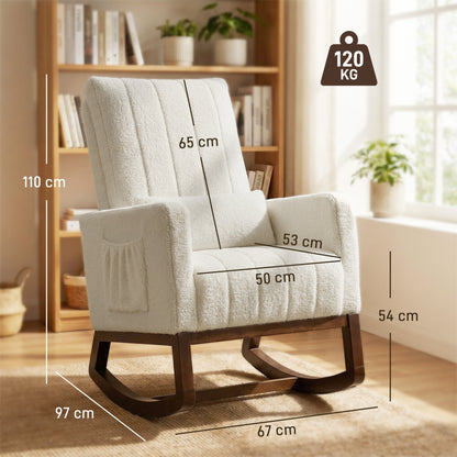 Cream white rocking chair with dimensions for height, width, and depth indicated