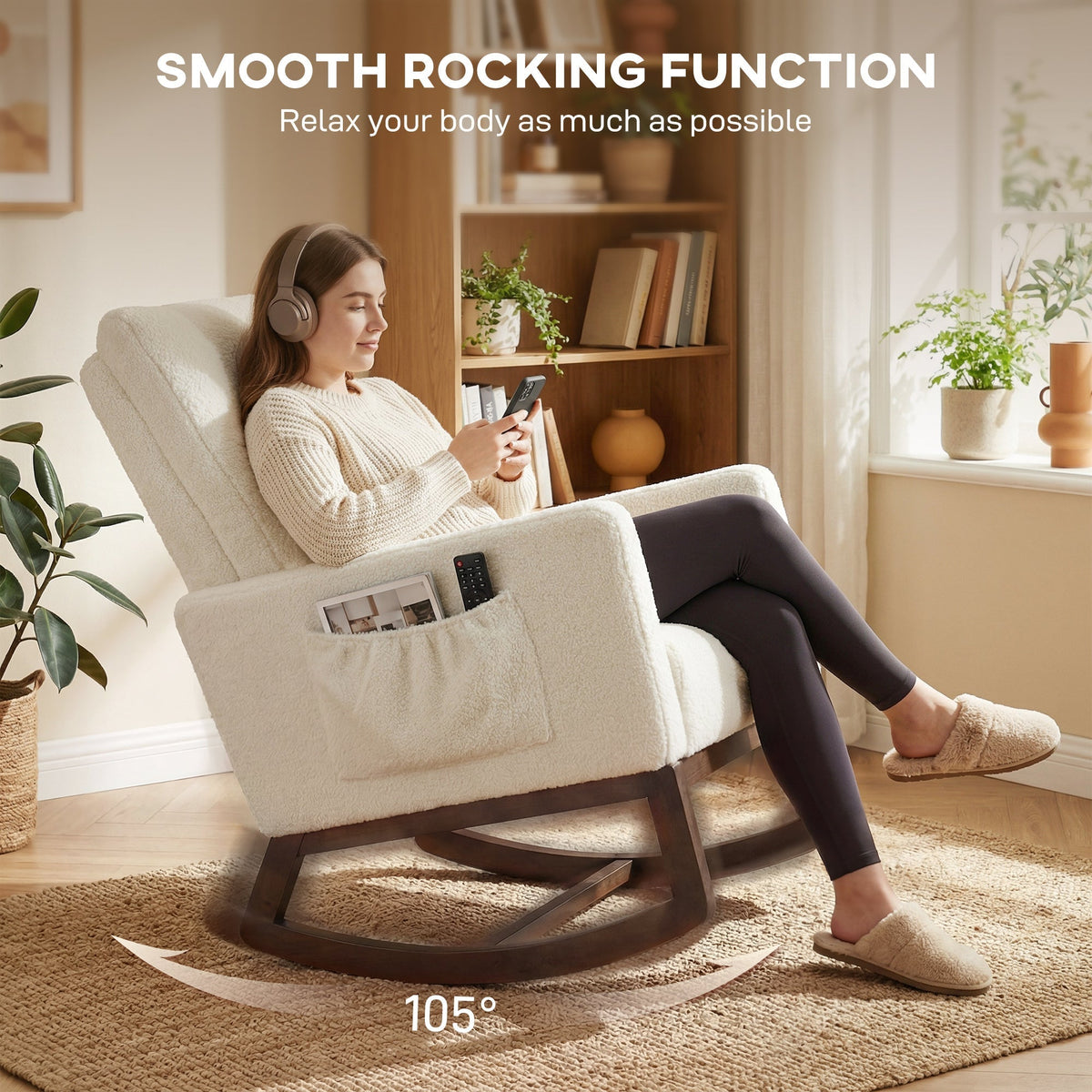 The cream white armchair with smooth rocking function highlighted