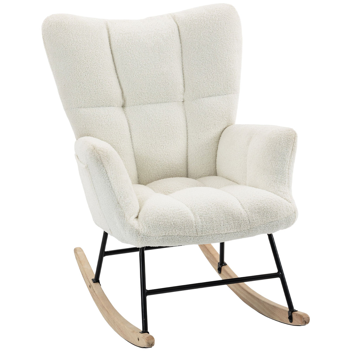 HOMCOM Rocking Chair in cream white teddy fleece with black metal frame and light wood rockers