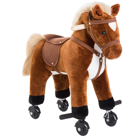HOMCOM Rocking Horse Kids Ride on Walking Horse Animal Pony Wheeled Riding Plush Toy in brown with a saddle and bridle
