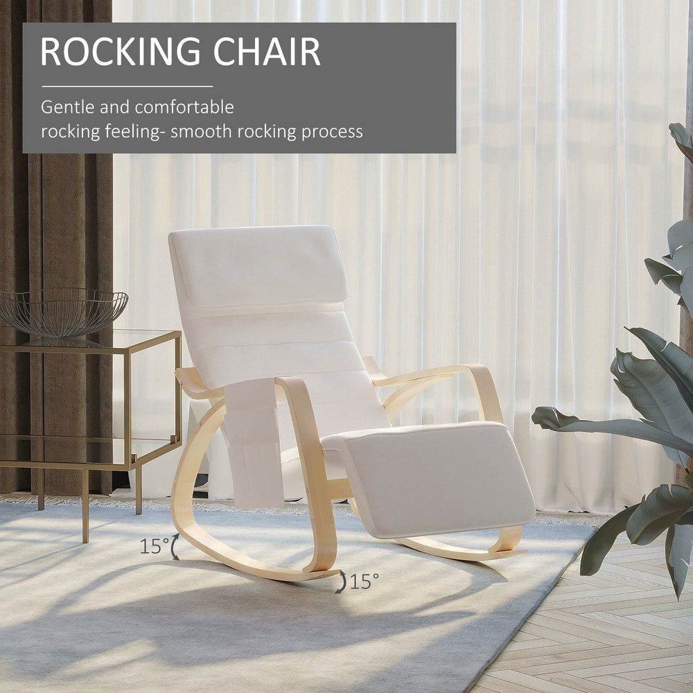 Cream white rocking chair with text highlighting gentle and comfortable rocking