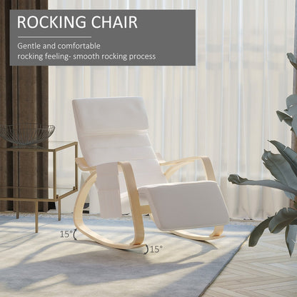 Cream white rocking chair with text highlighting gentle and comfortable rocking