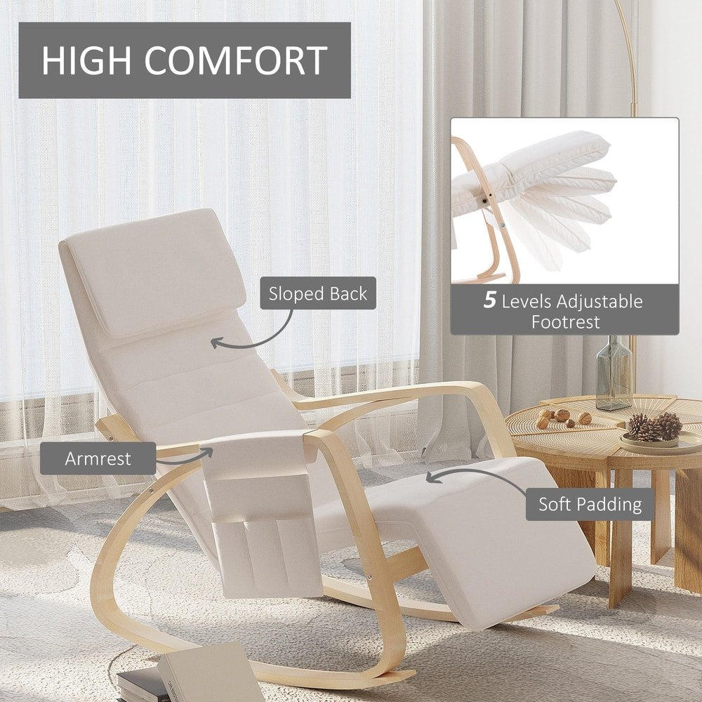 Cream white rocking chair with adjustable footrest and soft padding highlighted