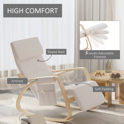 Cream white rocking chair with adjustable footrest and soft padding highlighted