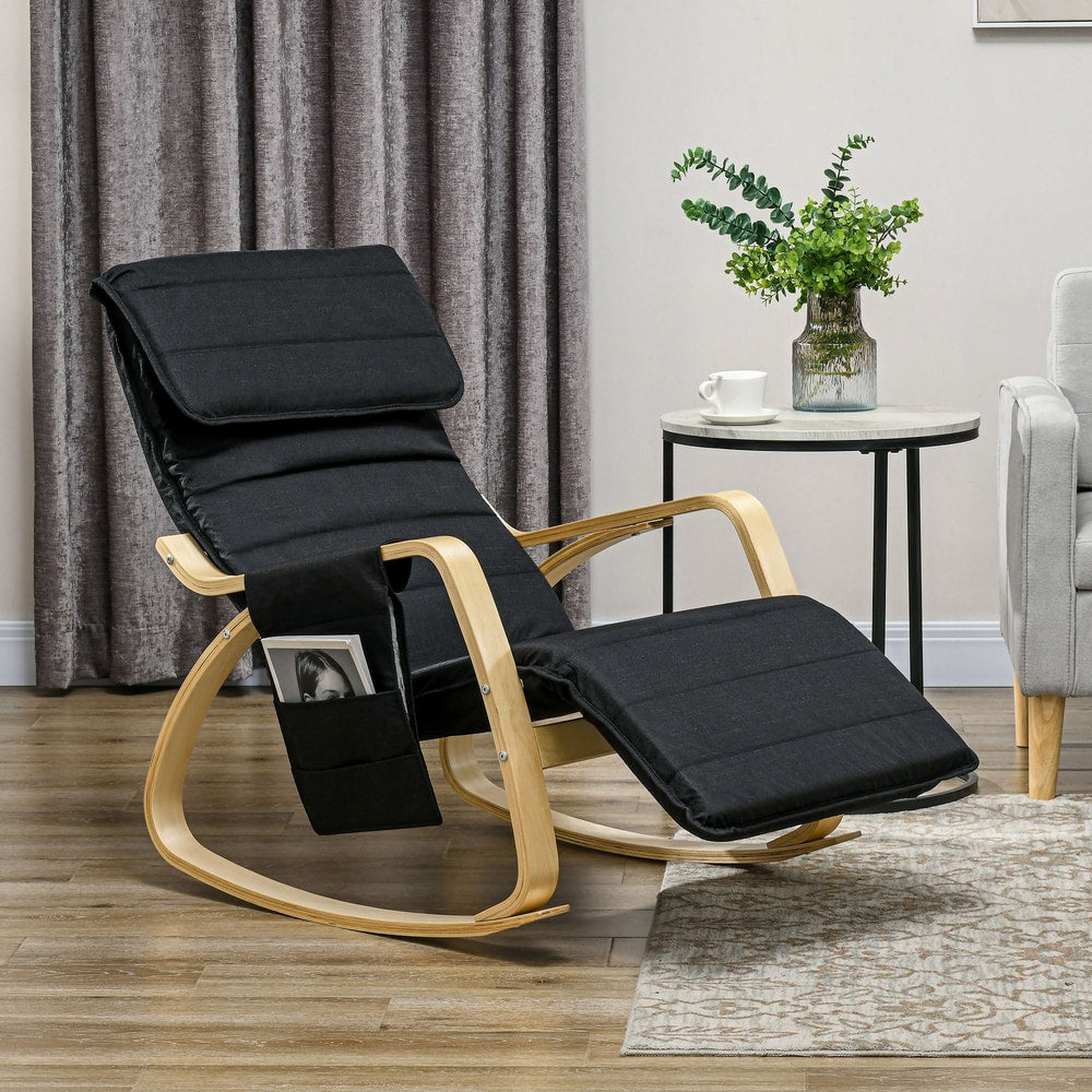 The black rocking lounge chair has a side pocket for magazines