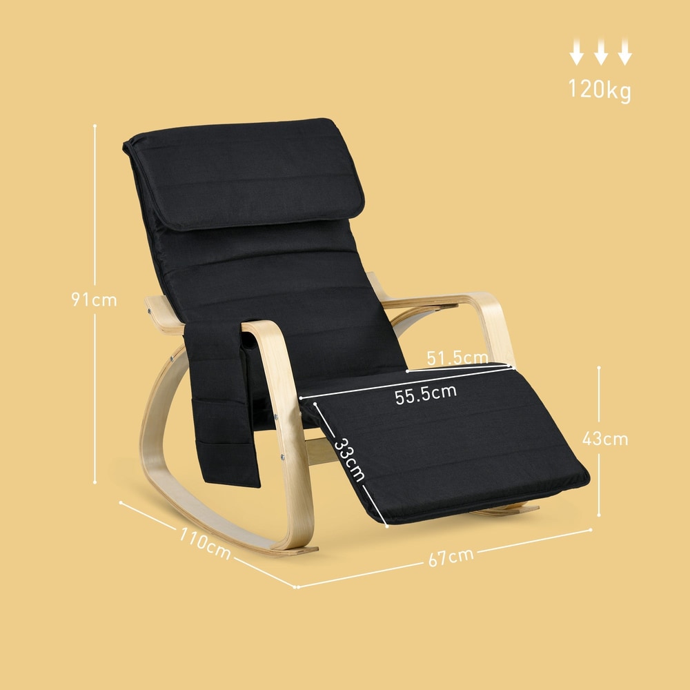 The black rocking chair shown with white lines and text indicating its various dimensions