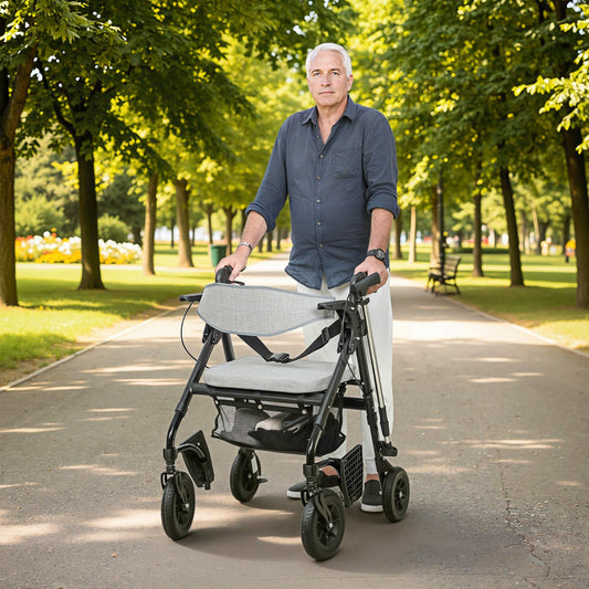 A grey rollator walker wheelchair being used by an elderly man walking in a park