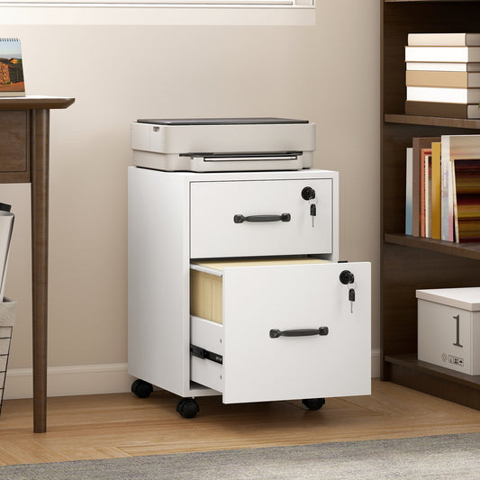 White two-drawer filing cabinet with a printer on top, placed next to a bookshelf