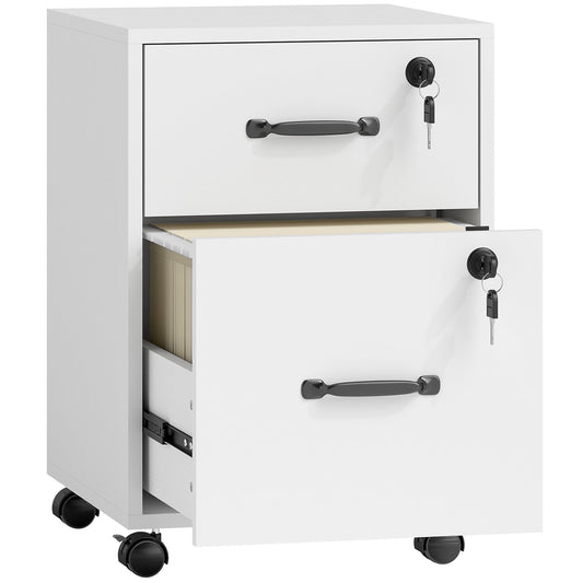 HOMCOM Rolling File Cabinet with 2 Drawers, white, with one drawer open showing files inside