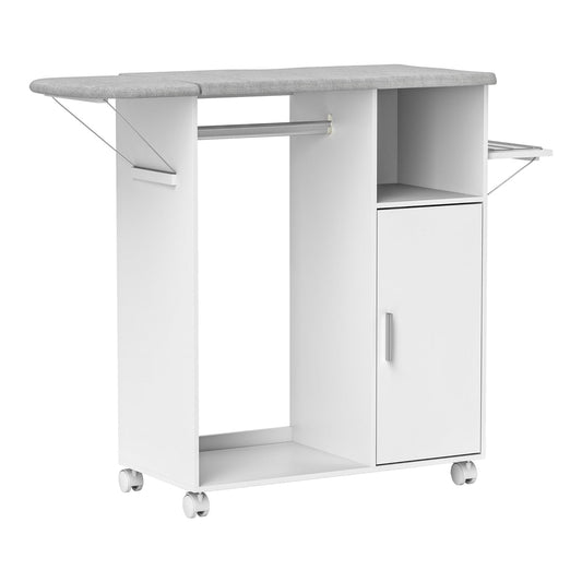 HOMCOM Rolling Ironing Board Cabinet with storage and wheels in white