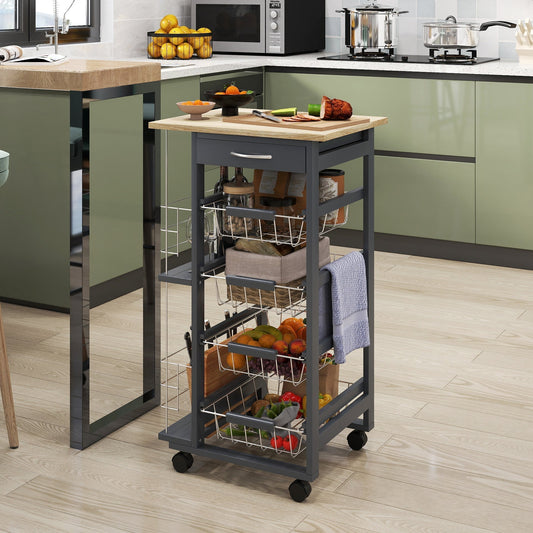 The kitchen furniture cart is shown in a modern kitchen setting with food items