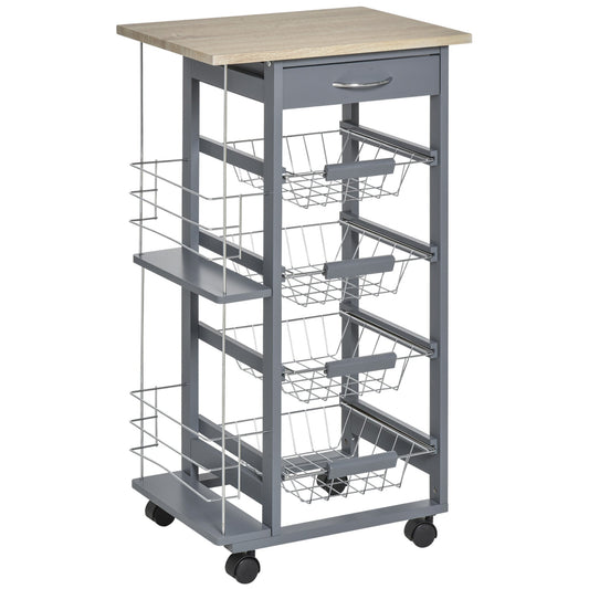 HOMCOM Rolling Kitchen Cart with a wooden top and four basket drawers