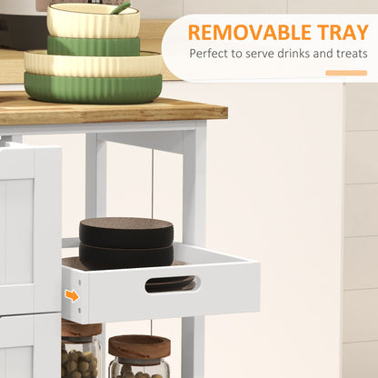 A close-up of the kitchen island cart shows a removable serving tray being pulled out