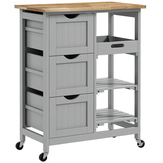 HOMCOM Rolling Kitchen Island Cart with a wood top, three drawers and open slatted side shelves