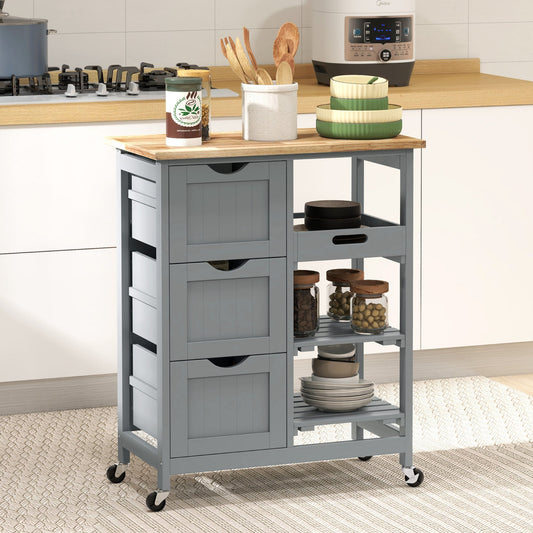 The kitchen trolley placed in a modern kitchen, filled with jars, bowls and kitchen utensils
