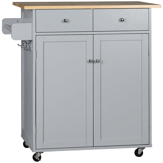 HOMCOM Rolling Kitchen Island on Wheels with a wooden top, two drawers and a cupboard base