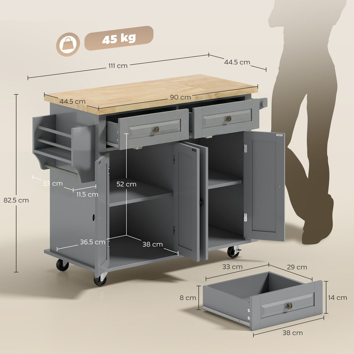 The kitchen furniture shown with labels indicating dimensions and one drawer pulled out separately