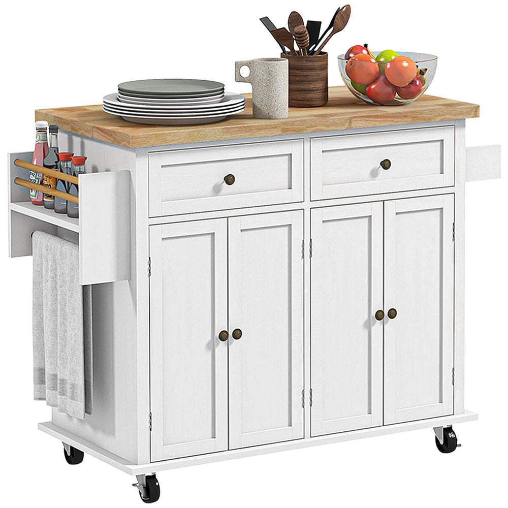 HOMCOM Rolling Kitchen Island Storage Trolley with rubber wood top and drawers in white