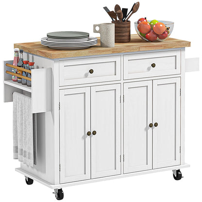 HOMCOM Rolling Kitchen Island Storage Trolley with rubber wood top and drawers in white