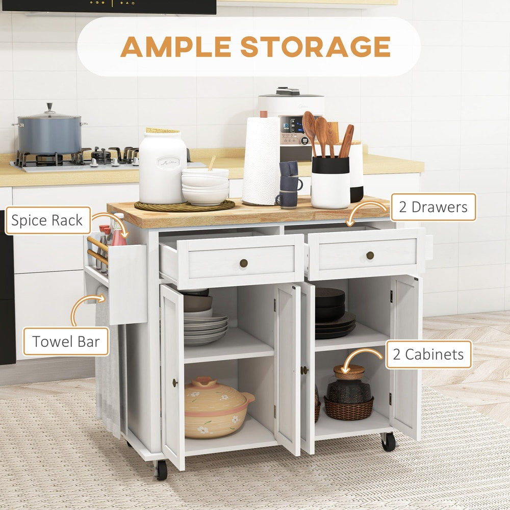 The kitchen furniture has two drawers, two cabinets and a spice rack