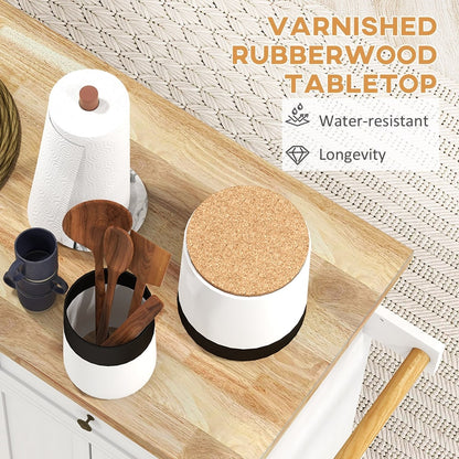 Close-up of the varnished rubber wood tabletop on the kitchen trolley