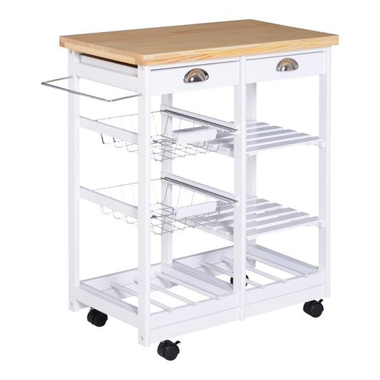HOMCOM Rolling Kitchen Island Trolley Cart Drawer Shelves Basket with a wooden top and white frame