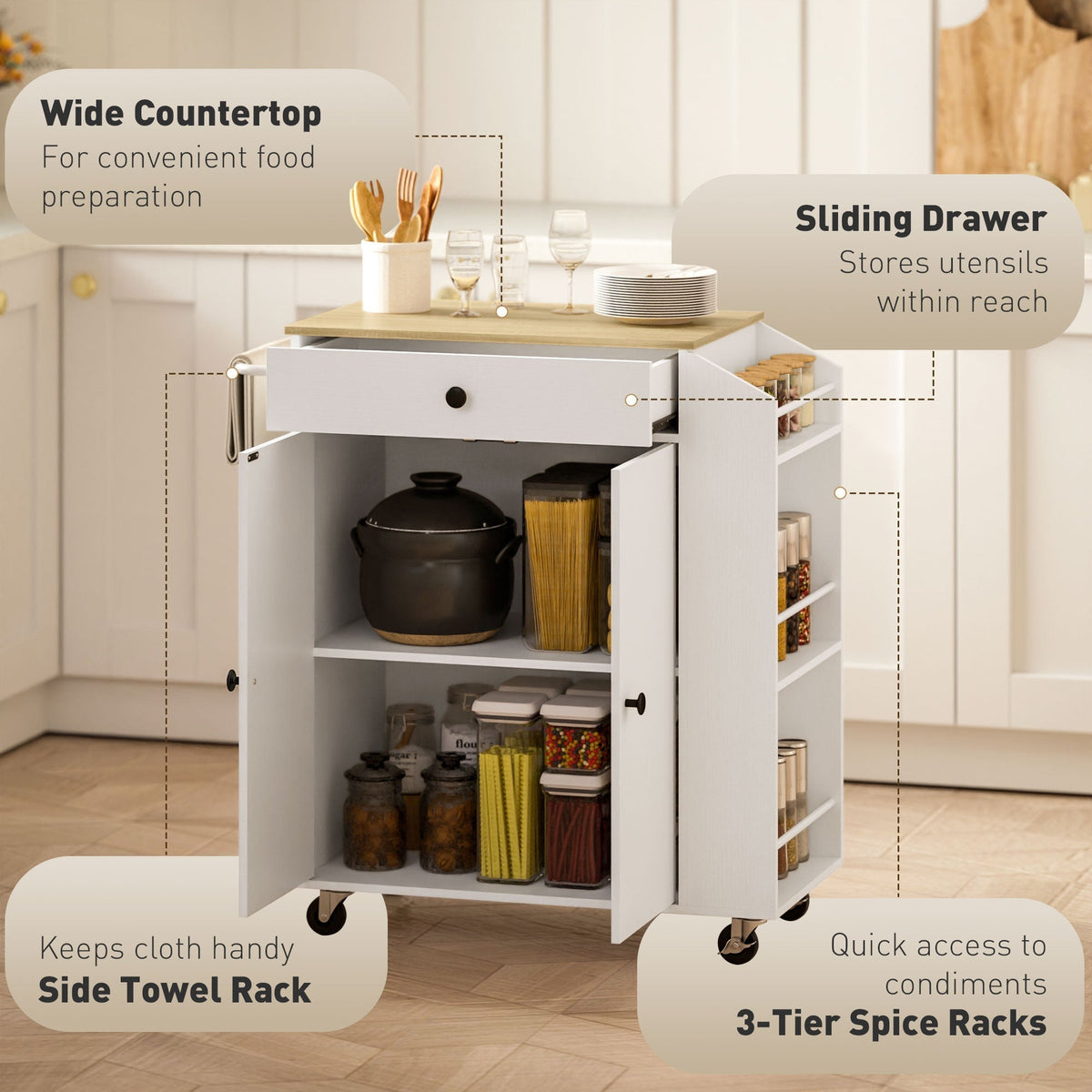 The kitchen storage cart with labels pointing out its features like the countertop and spice rack