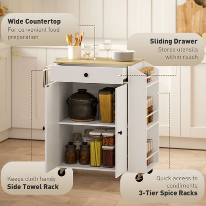 The kitchen storage cart with labels pointing out its features like the countertop and spice rack