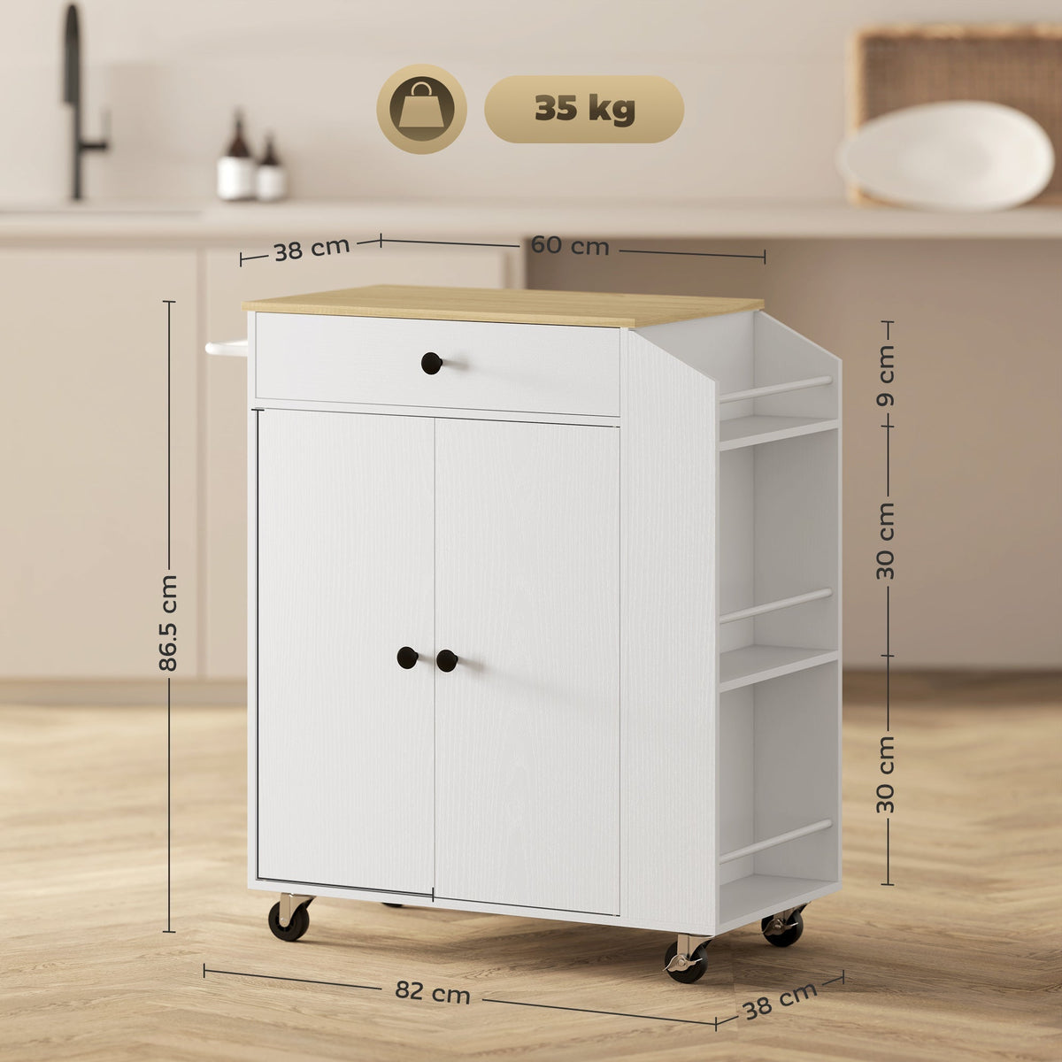 A white kitchen cart with dimensions shown for height, width, and depth