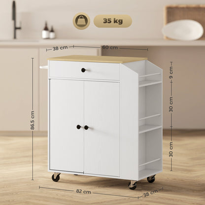A white kitchen cart with dimensions shown for height, width, and depth