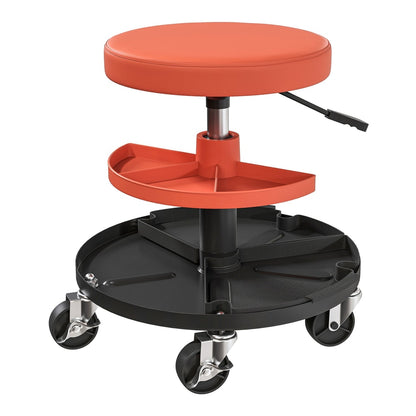 HOMCOM Rolling Mechanic Stool with orange padded seat and black base with wheels and tool trays