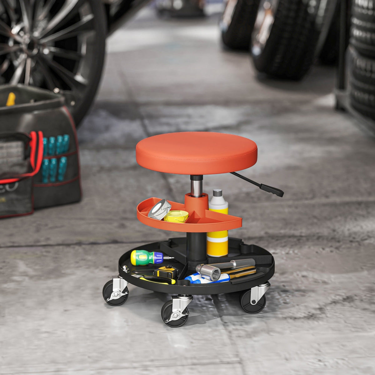 Orange padded workshop stool with wheels in a garage setting, holding tools and bottles